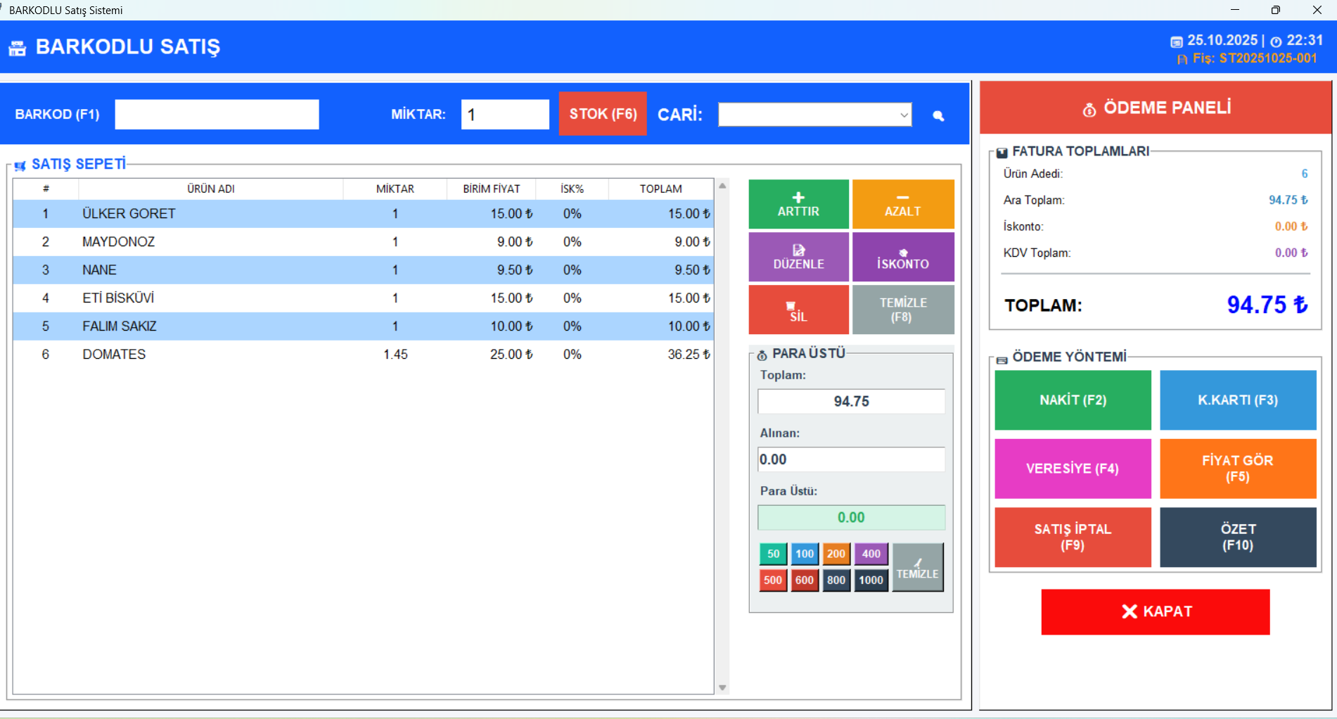 Satış Ekranı - Barkodlu Satış Sistemi